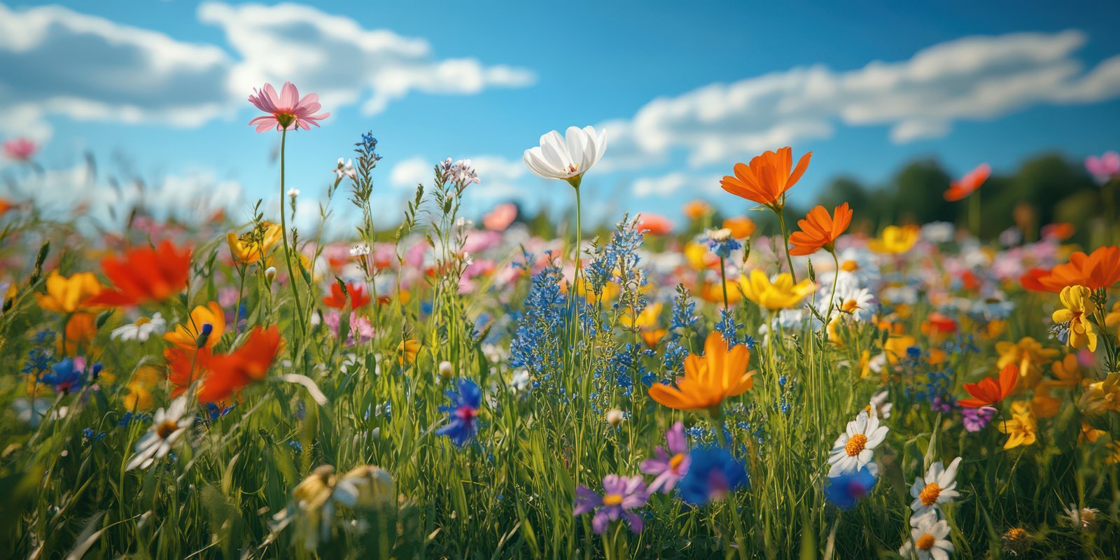 Vibrant wildflower meadow under a clear blue sky on a sunny day in spring, showcasing diverse floral colors and textures